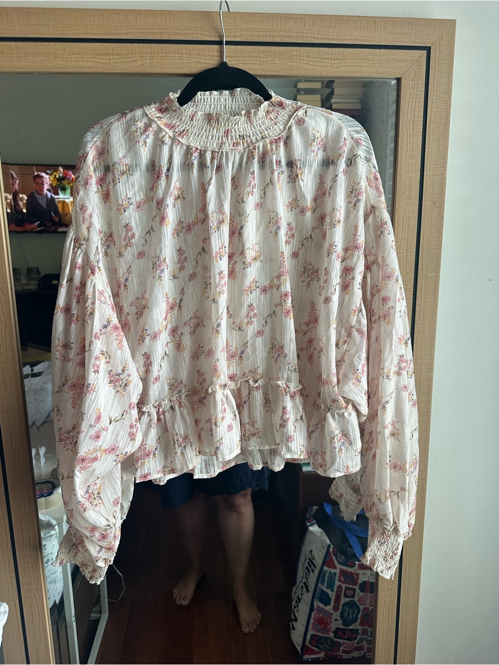 Floral Smocked Ruffle Peasant Blouse - Cream with Pink Floral